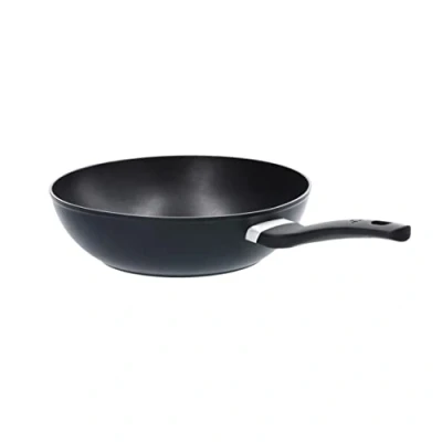 Image of MasterChef Wok Non Stick Stir Fry Pan 28cm For Induction Hob, Gas, Halogen &amp; Ceramic Stoves With Scratch Resistant Nonstick Coating, Dishwasher Safe, Aluminium, Woodlook,Black