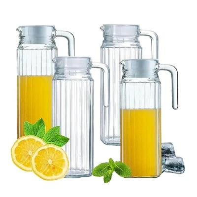 Image of HOMESHOPA Glass Water Jug with Lid, 1.2L Pitcher Carafe for Hot/Cold Ice Tea Coffee Milk &amp; Juice Beverage, Transparent Fridge Door Spout and Handle (4 Pack)