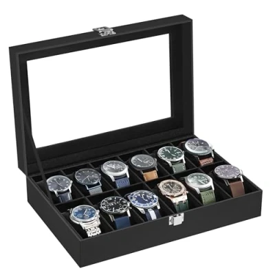 Image of SONGMICS Watch Box with 12 Slots, Case Glass Lid, Display Removable Pillows, Metal Clasp, Gift Idea, Black Synthetic Leather, Lining JWB12B