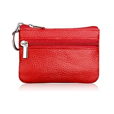 Image of Hibate Mini Coin Purse Holder Wallet Leather Purses for Women Men Kids Minimalist Zipper Pouch with Key Ring Red