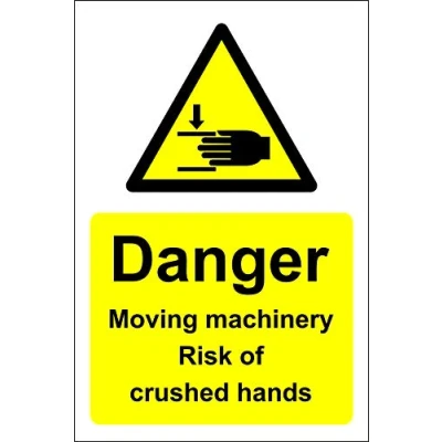 Image of Moving machinery risk of crushed hands Danger safety sign Self adhesive sticker 200mm x 150mm