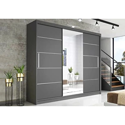Image of Modern 250cm Grey 3 Door Sliding Mirror Wardrobe with 1 LED (Gray, 250cm)