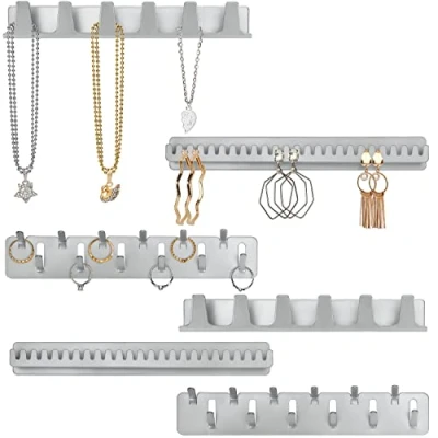 Image of BELLE VOUS 6 Pack of Metal Necklace Jewellery Holders Set Self Adhesive Wall Mounted Hooks &amp; Pegs Hanging Display Organiser Necklaces, Ring, Bracelets Earrings Storage Holder