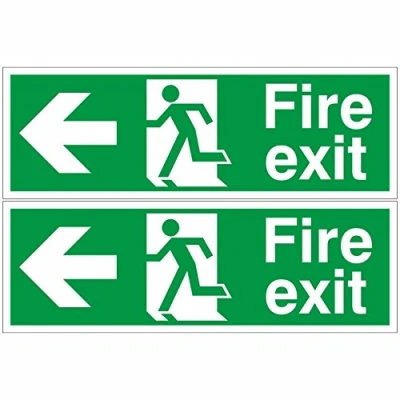 Image of Pack of 2 Fire Exit Arrow Left Signs 300mm x 100mm Self Adhesive