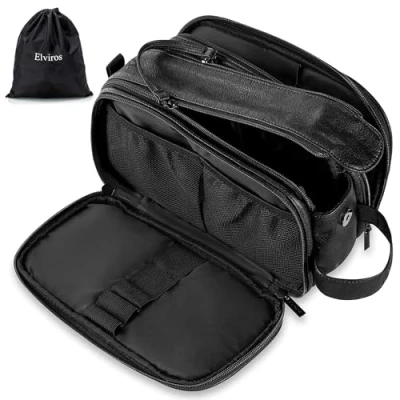 Image of Water Resistant Leather Toiletry Bag for Men, Women Large Travel Wash Shaving Dopp Kit Bathroom Gym Toiletries Makeup Organizer with Dry (Black, Small)