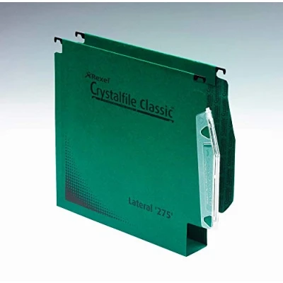 Image of Rexel 275 Lateral Hanging Files with Tabs and Inserts, 50 mm base, 100 Percent Recycled Manilla, Green, Crystalfile Classic, Pack of 50, 71762