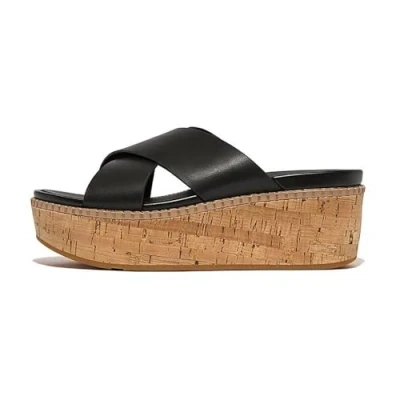 Image of Fitflop Womenss Fit Flop Eloise Leather Wedge Cross Slide Sandals in Black (archived) Size UK 6.5