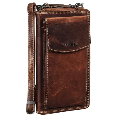 Image of STILORD &#039;Sarah&#039; Leather Shoulder Purse with Mobile Phone Compartment Women&#039;s Bag Adjustable Vintage Genuine Crossbody Wallet Women, Colour:Salerno Brown