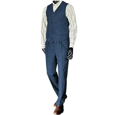 Image of Men&#039;s Herringbone Suits 2 Pieces Regular Fit Formal Suit Prom Tuxedos Groomsman Waistcoat &amp; Pants Set for Wedding and Party(Blue,M)