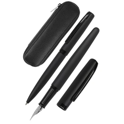Image of Online Set Eleganza Fountain Pen &amp; Ballpen Leather Case I Colour: Black Nib Size M Metal Clip Retractable Biro for Standard Ink Cartridges Or Converter In Gift Box