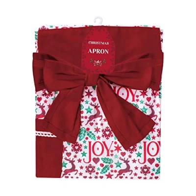 Image of YöL Red And White Festive Apron Christmas Dinner Prep Cotton With Pockets Joy Range