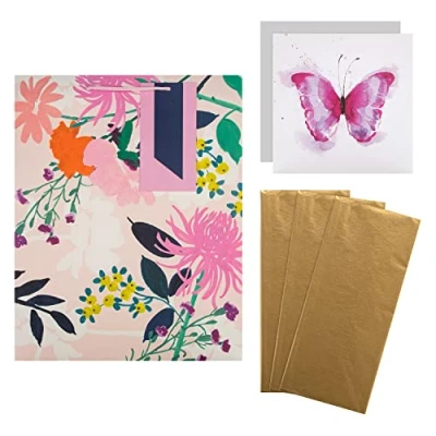 Image of Hallmark Multi Occasion Gift Bag and Card Bundle 1 Blank Card, 3 Gold Tissue Paper Sheets Large in Contemporary Designs