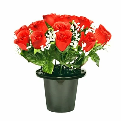 Image of A1 Homes ARTIFICIAL RED ROSE GRAVE POT WITH 16 FLOWERS VASE INSERT MEMORIAL