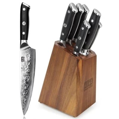 Image of SHAN ZU Knife Set with Block, Damascus Kitchen Sets 7 Piece Professional for Chef, Japanese High Carbon Super Steel 67 Layers Block G10 Handle