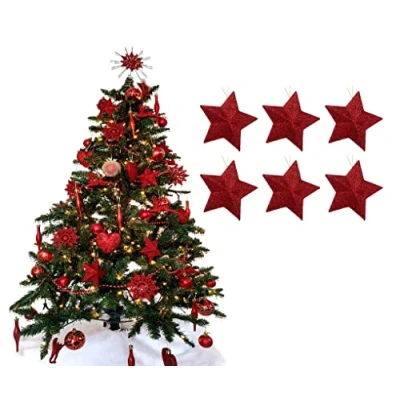 Image of Pack of 6 8cm 3D Glitter Star Baubles Christmas Tree Decorations (Red)