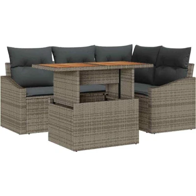 Image of vidaXL 5 Piece Garden Dining Set with Cushions Grey Poly Rattan Acacia