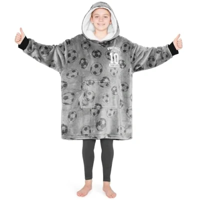 Image of CityComfort Fleece Hoodie Blanket for Kids and Teenagers Football One Size Oversized with Sherpa Lined Hood Gaming Gifts (Grey Football)