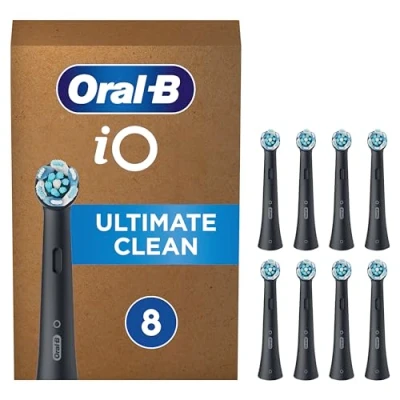 Image of Oral B iO Ultimate Clean Electric Toothbrush Head, Twisted &amp; Angled Bristles for Deeper Plaque Removal, Pack of 8 Heads, Suitable Mailbox, Black