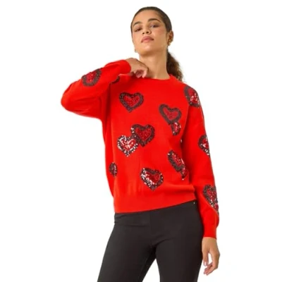 Image of Roman Originals Women Heart Embroidered Jumper Ladies Round Neck Long Length Pretty Smart Casual Workwear Office Knitwear Sweatshirt Pullover Orange Size 12