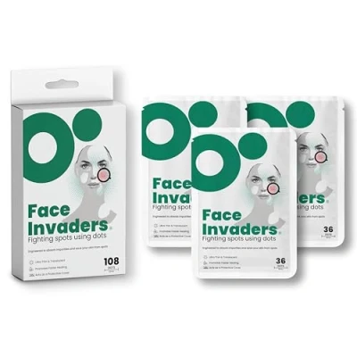Image of Face Invaders Acne Patches Pack of 108 Translucent Hydrocolloid Pimple Patch Spot Treatment Stickers for and Body Fast Acting, Vegan &amp; Cruelty Free Skin Care