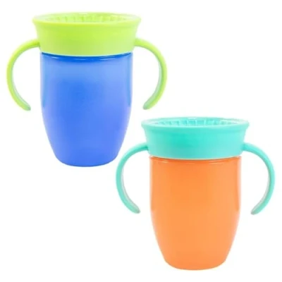 Image of Nuby All Around Water Bottle with Handle No Spill Sippy Cup 210ml / 7oz Drink from Any Angle Dishwasher Safe BPA Free Suitable Beaker for 4 Months Plus (Pack of 2, Blue/Orange)