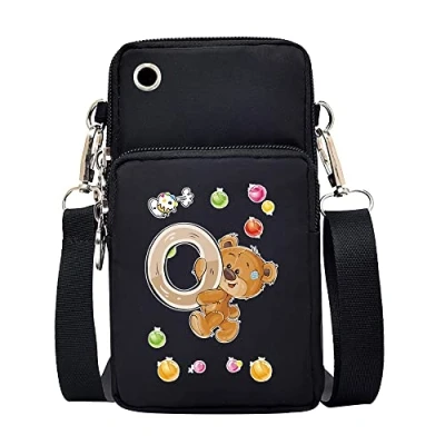 Image of FINDING CASE initial letter Printed Women Girls men Zipper Waterproof Nylon 3 Layers Crossbody Bags Wallet Cellphone Purse Shoulder Bag Wristlet Handbags Adjustable Strap (Bear O)