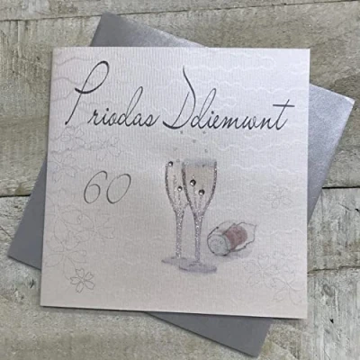 Image of Priodas Ddiemwnt 60 Champagne Glasses Welsh Anniversary Card, Handmade by White Cotton Cards (WWA60)