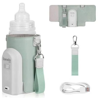 Image of Lionelo Thermup Go Evo Advanced Portable Bottle Warmer with USB C 9hr Battery LCD Display 5 Temperature Settings 38 50C Fits 50 80mm Bottles, Car Charger Compatible, Safety Control (Green SAGE, EVO)