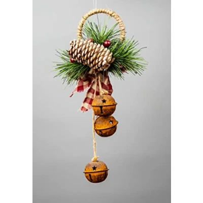 Image of SHATCHI 27cm Hanging Decorations Rustic Bells with Ribbon, Berries and Pinecones Christmas Home Wall Door Jingle Xmas Holiday DIY Decorations, Red (SHATCHI)