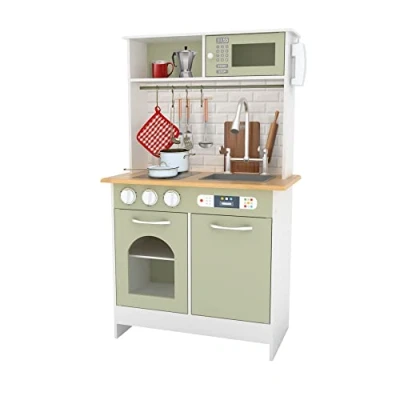 Image of Teamson Kids Little Chef Boston Modern Farmhouse Wooden Kitchen Playset with Interactive Features &amp; 9 Play Cooking Accessories, Light Green/White TD 12679E