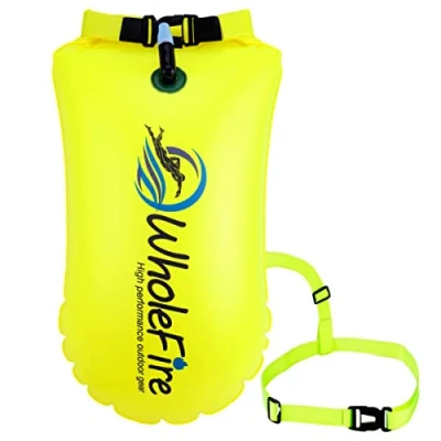 Image of WholeFire 20L Swim Buoy, Waterproof Inflatable Dry Bag Safety Float for Water Sports, Open Swimmers, Triathletes, Kayakers and Snorkelers Highly Visible Tow Float, Yellow