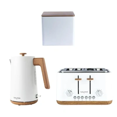 Image of Salter Toronto 3 Piece Countertop Set 1.7L Kettle with Boil Dry Sensor &amp; Auto Shut Off, 4 Slice Toaster 6 Browning Levels, Bread Bin, Carbon Steel Wooden Lid, 3000W/1630W, COMBO 9406
