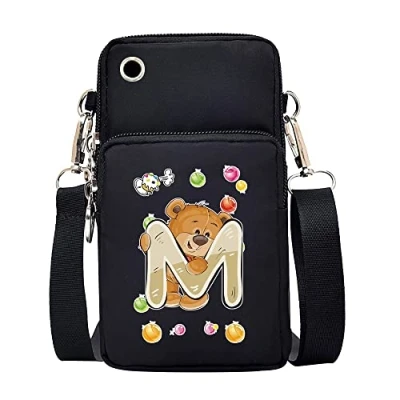 Image of FINDING CASE initial letter Printed Women Girls men Zipper Waterproof Nylon 3 Layers Crossbody Bags Wallet Cellphone Purse Shoulder Bag Wristlet Handbags Adjustable Strap (Bear M)