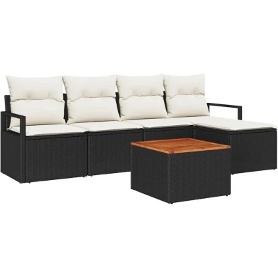 Image of vidaXL 6 Piece Garden Sofa Set with Cushions Black Poly Rattan Acacia