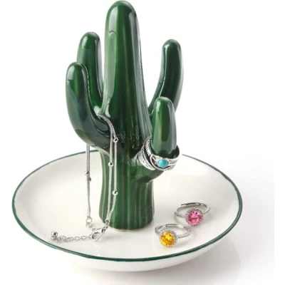Image of Titanape Green Cactus Ring Holder Trinket Dish for Earrings Bracelets Necklace Organizer, Gifts Women Birthday Wedding Engagement Christmas, Room Decor