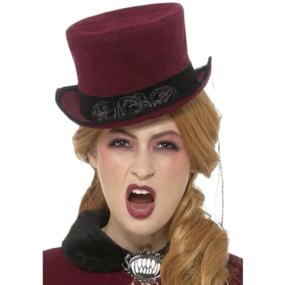 Image of Smiffys Deluxe Victorian Vampiress Hat, Burgundy with Veil, Halloween Fancy Dress Accessory, Vampire Up Hats