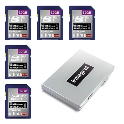 Image of Integral 32GB SD Card in a 6 Slot Protective Metal Holder Case 4K Ultra HD Video Premium High Speed 90MB/s Read and 30MB/s Write SDHC V30 UHS I U3 Class 10 Memory