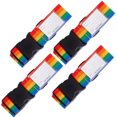 Image of OW Travel Personalised Luggage Straps for Suitcases (4 Pack Rainbow) Easy to Spot Sturdy Suitcase with labels. Strap Belt Bag Baggage. Case Belts