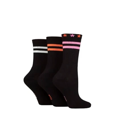 Image of Elle Women&#039;s Bamboo Sports Socks Plain and Striped, Crew Socks, Half Cushion 3 Pair Multipack Sizes 4 8 Black Stripe