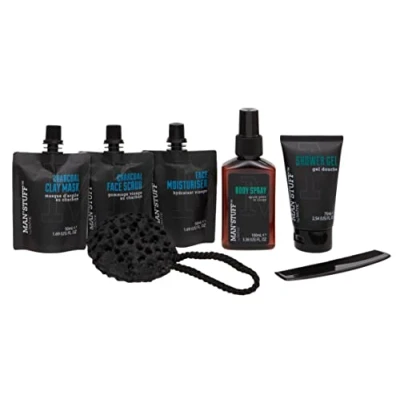 Image of technic Man Stuff Shower Gel Bath Face Wash Toiletries Gift Set with Wooden Tray