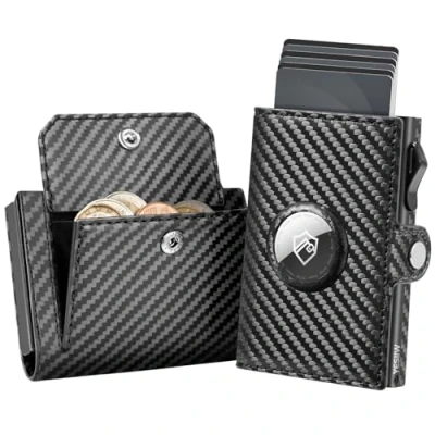 Image of YESIIW Mens Wallets Airtag Wallet for Apple air Tag, RFID Card Holder tag Leather Slim Men UK, Pop Up Smart with Coin Pocket and Money Clip, Carbon Fiber