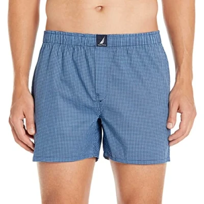 Image of Nautica Men&#039;s Classic Cotton Woven Boxer Shorts, Small Check Peacoat Aero, S