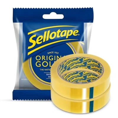 Image of 𝟮 𝗣𝗔𝗖𝗞 Original Golden Cellotape Multi Purpose Clear Tape for Household Objects Extra Sticky Packing Sticking Envelopes, Cards &amp; Gifts Easy to Use Sellotape 24mm x 50m