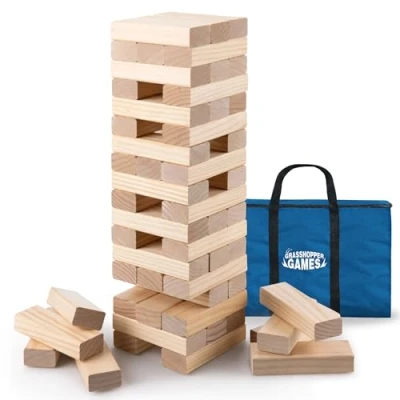 Image of Grasshopper Games Giant Stack ‘N’ Fall, Classic Stacking Timber Game, Tumble Tower for Kids and Adults, 54 Wooden Blocks