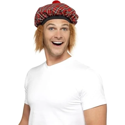 Image of Smiffys Tam O Shanter Tartan Hat, Red with Hair and Pom Pom, Around The World Fancy Dress, Dress Up Hats