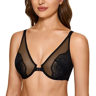 Image of DOBREVA Women&#039;s Lace See Through Bra Front Closure Unlined Underwire Plus Size Minimizer Black 34DD