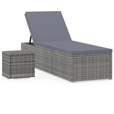 Image of vidaXL Outdoor Sun Lounger with Cushion and Tea Table Poly Rattan Adjustable Garden Chaise Lounge Chair Grey