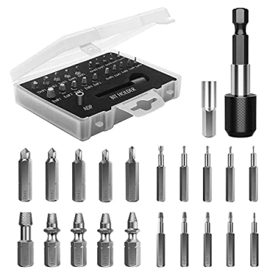 Image of Nuovoware Damaged Screw Extractor Set, 22 PCS Easy Out Stripped Kit, All Purpose HSS Broken Remover Set with Magnetic Extension Bit Holder &amp; Socket Adapter