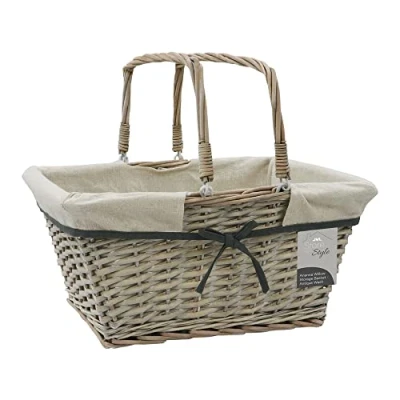 Image of JVL Arianna Rectangular Willow Shopping Basket, Grey Wash