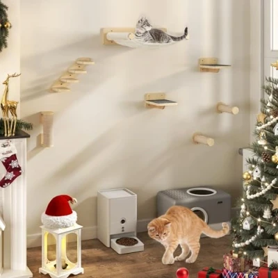 Image of YITAHOME 7PCS Wall Mounted Cat Climbing Shelves, Wooden Furniture, Tree, Scratcher with 3 Sisal Covered Columns/4 Step Stairway Scratching Post/Hammock